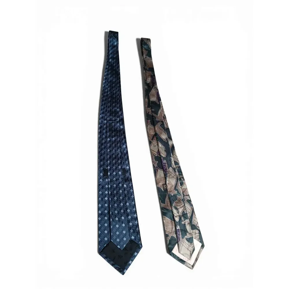 Calvin Klein 100% Silk Tie Lot 2pc Blue Geometric & Abstract Print 56”